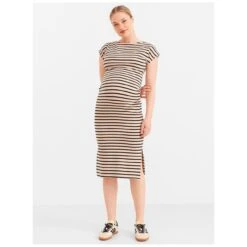 Prénatal Zwangerschapsjurk Korte Mouwen Strepen Beige