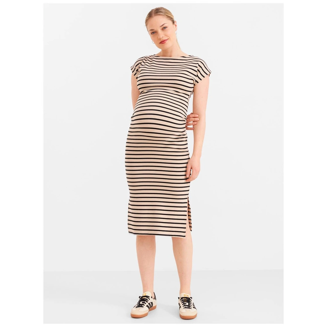 Prénatal Zwangerschapsjurk Korte Mouwen Strepen Beige 1 Prénatal Zwangerschapsjurk Korte Mouwen Strepen Beige